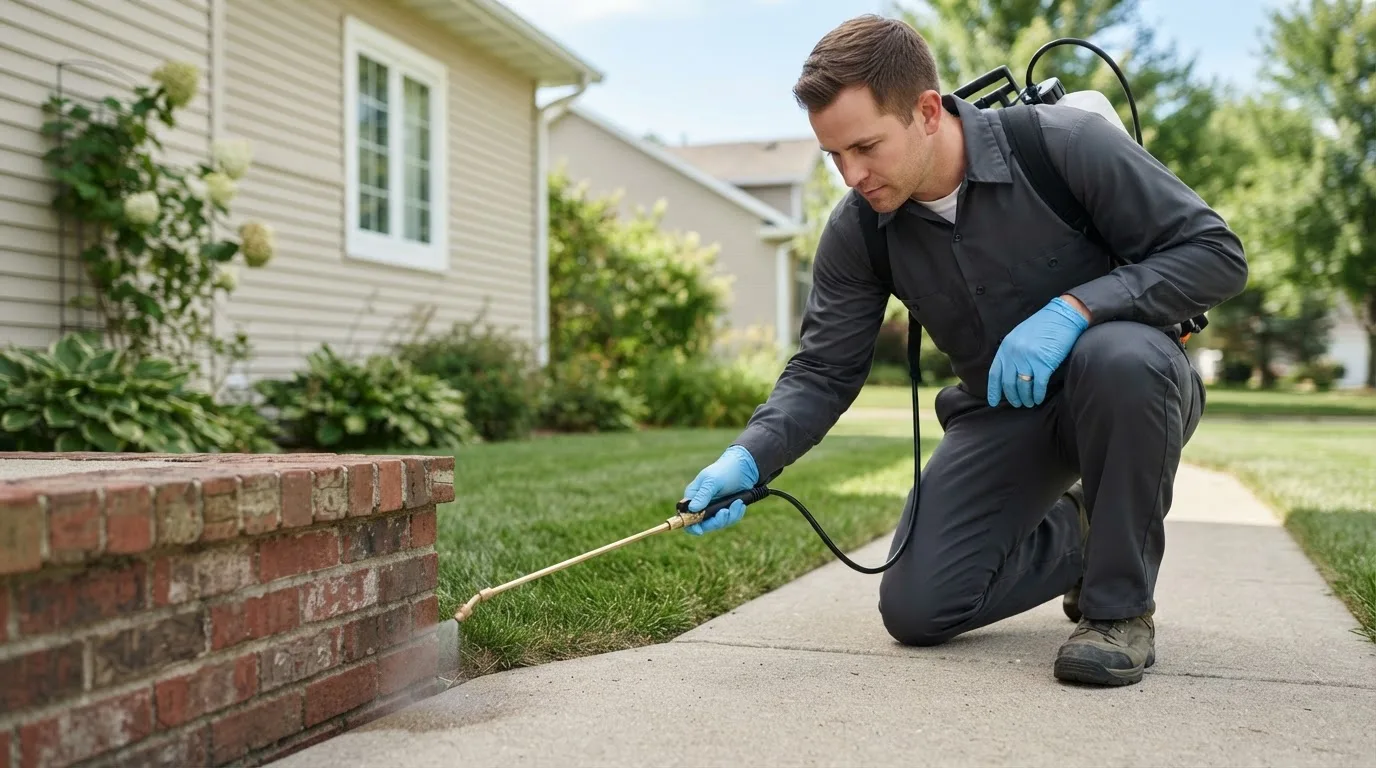 Pest control technician treating a home near Pittsford, MI